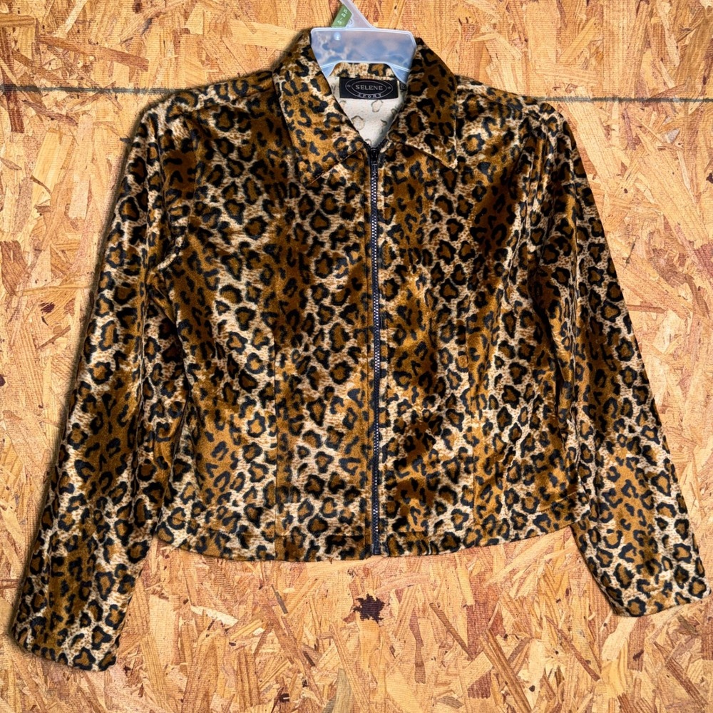 VTG Selene Sport Leopard Print Faux Fur Crop Blazer Jacket Old Money Mobwife M